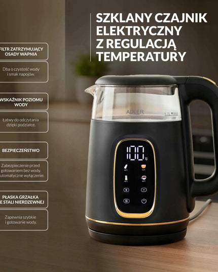 Stiklinis elektrinis virdulys Adler su temperatūros reguliavimu 1,7L, jutiklinis skydelis