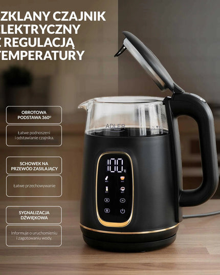 Stiklinis elektrinis virdulys Adler su temperatūros reguliavimu 1,7L, jutiklinis skydelis