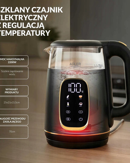 Stiklinis elektrinis virdulys Adler su temperatūros reguliavimu 1,7L, jutiklinis skydelis