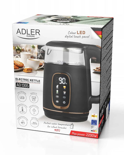 Stiklinis elektrinis virdulys Adler su temperatūros reguliavimu 1,7L, jutiklinis skydelis