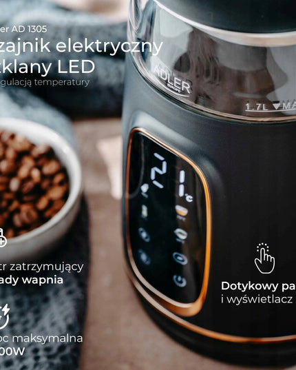 Stiklinis elektrinis virdulys Adler su temperatūros reguliavimu 1,7L, jutiklinis skydelis