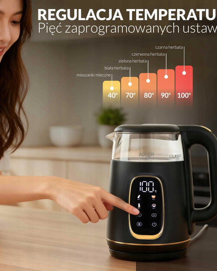 Stiklinis elektrinis virdulys Adler su temperatūros reguliavimu 1,7L, jutiklinis skydelis