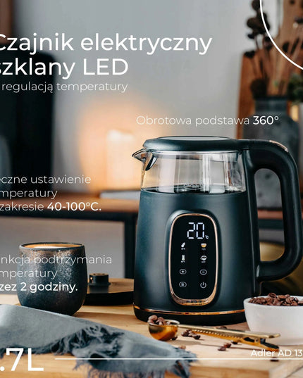 Stiklinis elektrinis virdulys Adler su temperatūros reguliavimu 1,7L, jutiklinis skydelis