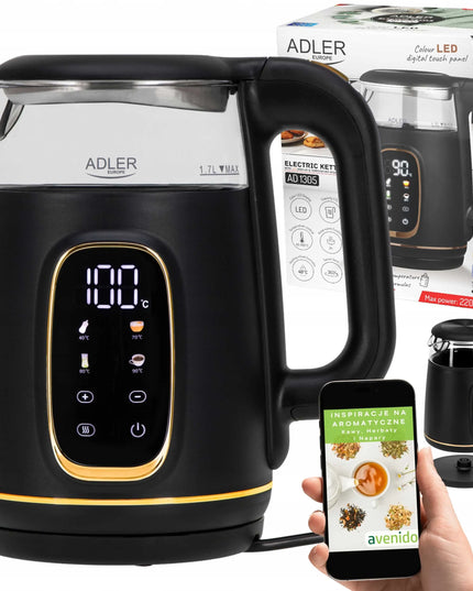 Stiklinis elektrinis virdulys Adler su temperatūros reguliavimu 1,7L, jutiklinis skydelis