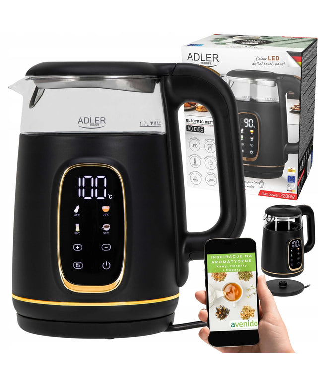 Stiklinis elektrinis virdulys Adler su temperatūros reguliavimu 1,7L, jutiklinis skydelis