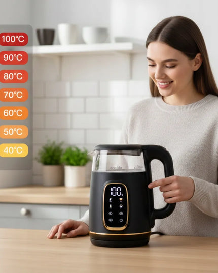 Stiklinis elektrinis virdulys avenido su temperatūros reguliavimu, 1,7 l, jutiklinis skydelis