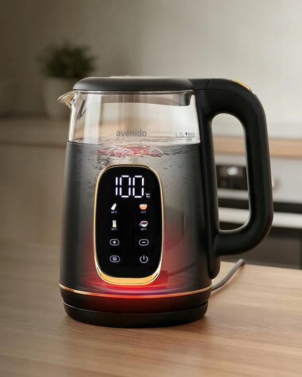 Stiklinis elektrinis virdulys avenido su temperatūros reguliavimu, 1,7 l, jutiklinis skydelis