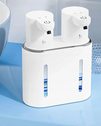 Stilingas baltas dvigubas bekontaktis automatinis muilo dozatorius su USB