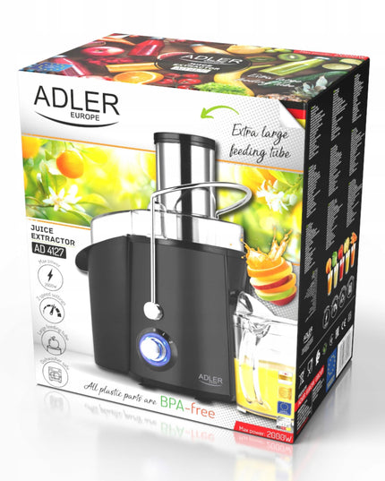 Sulčiaspaudė Adler AD4129 – 2000W, 2 greičiai, 75mm anga visiems vaisiams ir daržovėms, 2l minkštimo talpa, 1l sulčių ąsotis, nerūdijančio plieno korpusas