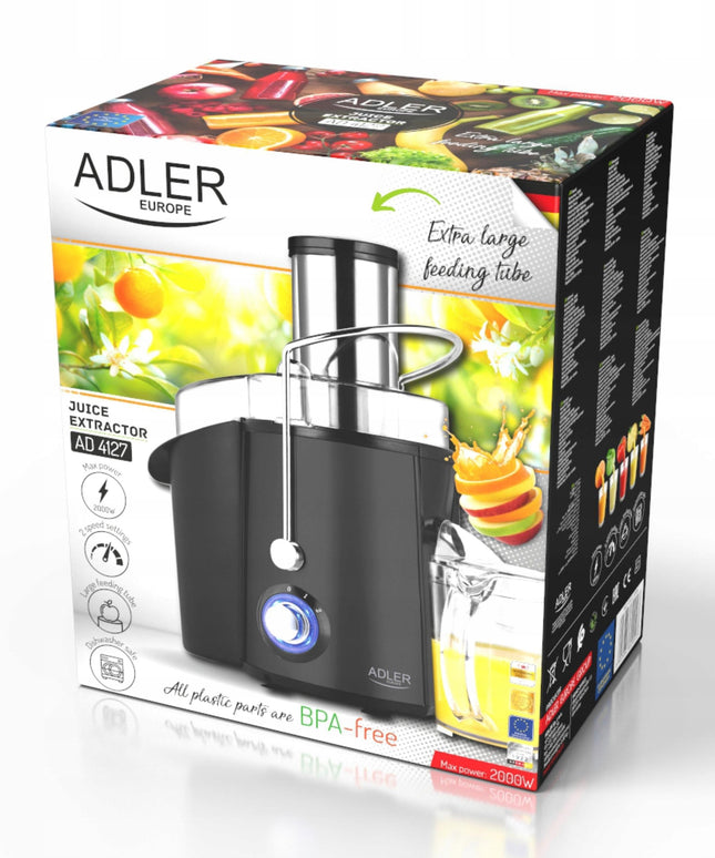 Sulčiaspaudė Adler AD4129 – 2000W, 2 greičiai, 75mm anga visiems vaisiams ir daržovėms, 2l minkštimo talpa, 1l sulčių ąsotis, nerūdijančio plieno korpusas