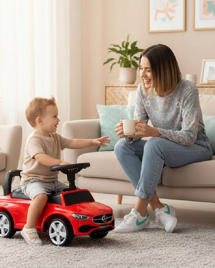 Sun Baby paspirtukas stumdukas vaikščiojimo mašinėlė Mercedes C-Class su daiktadėže ir garsais