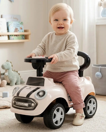 Sun Baby pasyvinis vaikiškas automobilis GO GO su garsais ir atrama, baltas