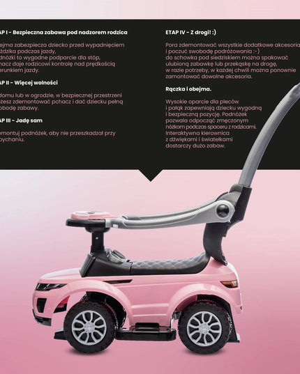 Sun Baby vaikiškas paspirtukas-stumiukas su rankena ir apsauginiu lankeliu Sport car, rožinis