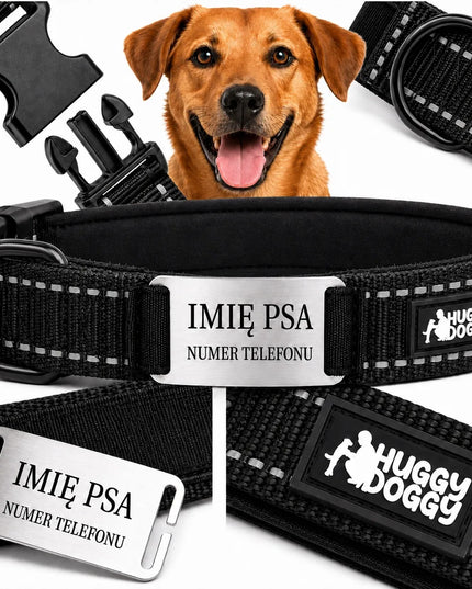 Šunų antkaklis su graviruotu vardu, juodas, šviesą atspindintis HUGGY DOGGY, L dydis