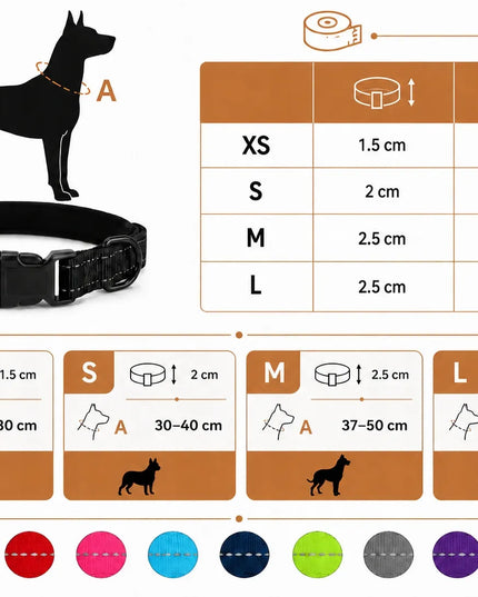 Šunų antkaklis su graviruotu vardu, juodas, šviesą atspindintis HUGGY DOGGY, L dydis