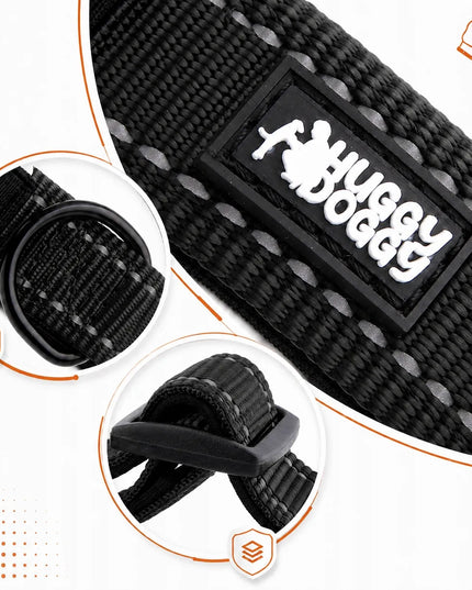 Šunų antkaklis su graviruotu vardu, juodas, šviesą atspindintis HUGGY DOGGY, L dydis