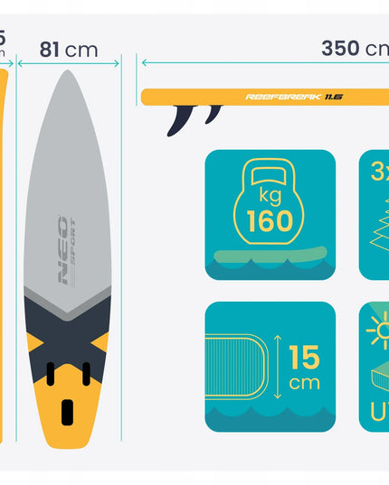 SUP lenta Neo-sport Reefbreak 350 x 81 x 15 cm, visas komplektas plaukiojimui