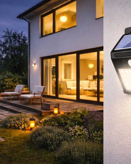 SuperLED saulės energija maitinamas LED lauko šviestuvas su judesio ir prieblandos jutikliu