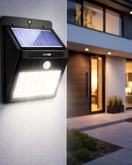 SuperLED saulės energija maitinamas LED lauko šviestuvas su judesio ir prieblandos jutikliu