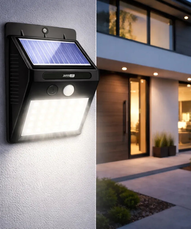 SuperLED saulės energija maitinamas LED lauko šviestuvas su judesio ir prieblandos jutikliu