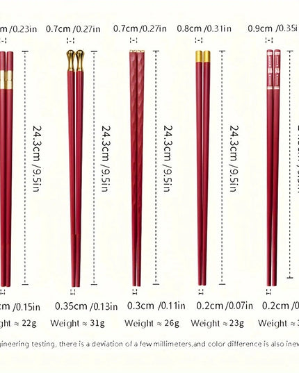 Sushi Lazdelės – 5 Poros Daugkartinio Naudojimo, 24,3 cm, Stiklo Pluošto, Raudonos su Aukso Imitacija, Japoniško Stiliaus