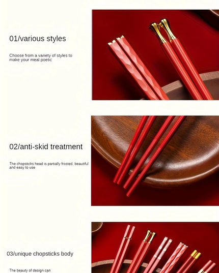 Sushi Lazdelės – 5 Poros Daugkartinio Naudojimo, 24,3 cm, Stiklo Pluošto, Raudonos su Aukso Imitacija, Japoniško Stiliaus