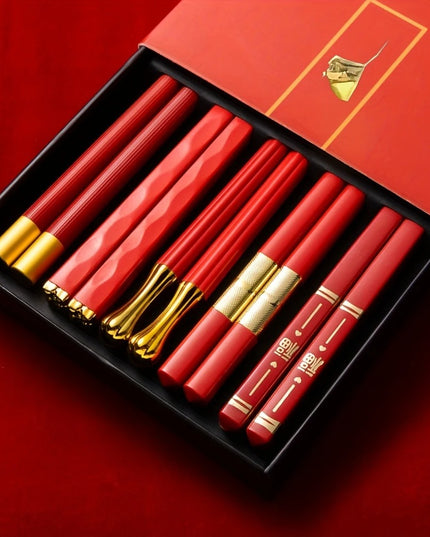 Sushi Lazdelės – 5 Poros Daugkartinio Naudojimo, 24,3 cm, Stiklo Pluošto, Raudonos su Aukso Imitacija, Japoniško Stiliaus