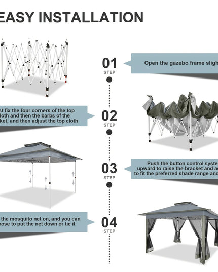 Šviesiai pilka lauko pavėsinė 3.66x3.66 m su tinkleliais, UV apsauga ir dvigubu stogu – stilinga palapinė šventėms, sodui, kiemui