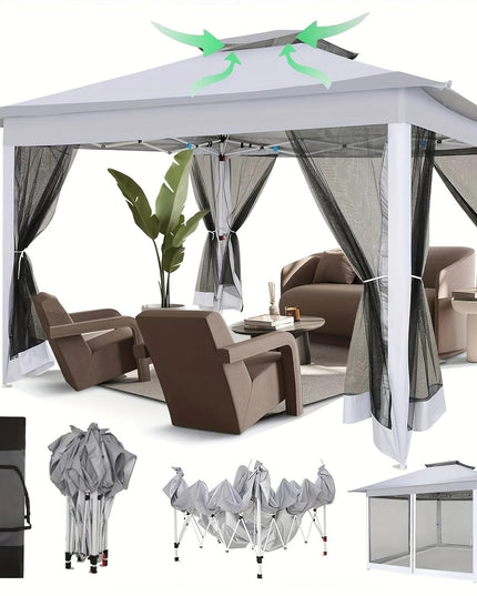 Šviesiai pilka lauko pavėsinė 3.66x3.66 m su tinkleliais, UV apsauga ir dvigubu stogu – stilinga palapinė šventėms, sodui, kiemui