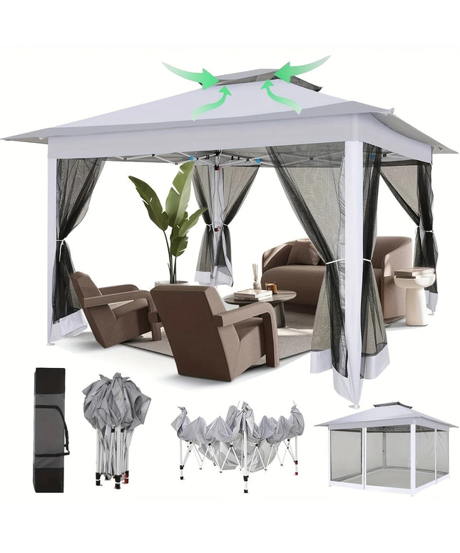 Šviesiai pilka lauko pavėsinė 3.66x3.66 m su tinkleliais, UV apsauga ir dvigubu stogu – stilinga palapinė šventėms, sodui, kiemui