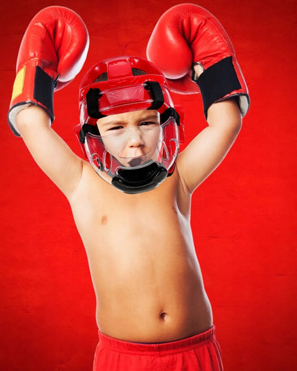 Taekwondo apsauginis šalmas su reguliuojamu skydeliu, raudonas