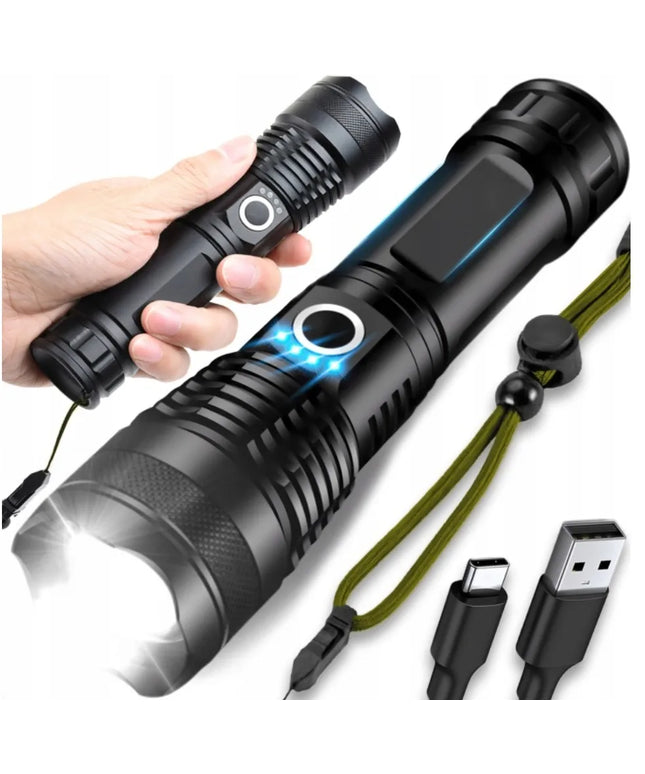 Taktinis LED žibintuvėlis, aliuminis, ZOOM, CREE, 5 režimai, įkraunamas, XHP50