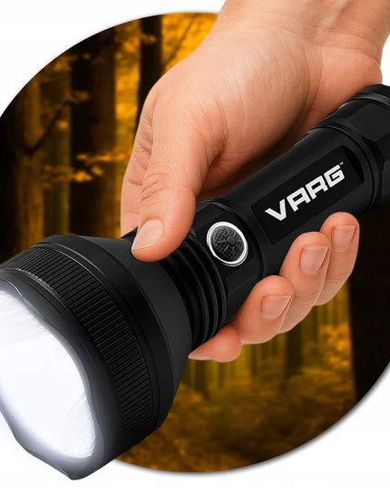 Taktinis LED žibintuvėlis VARG, galingas, įkraunamas per USB, skirtas išgyvenimui, puiki dovana