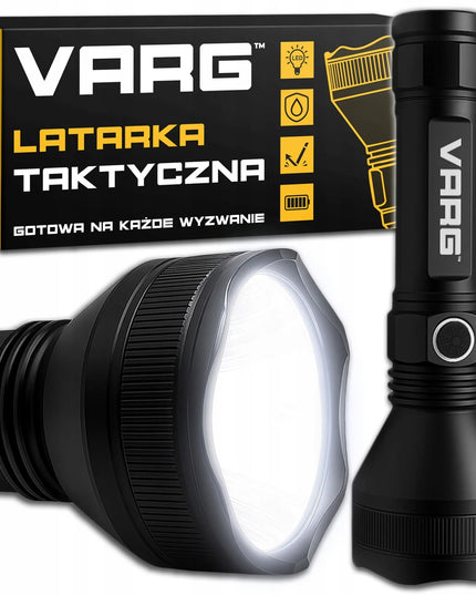 Taktinis LED žibintuvėlis VARG, galingas, įkraunamas per USB, skirtas išgyvenimui, puiki dovana