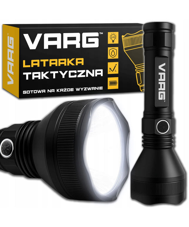 Taktinis LED žibintuvėlis VARG, galingas, įkraunamas per USB, skirtas išgyvenimui, puiki dovana