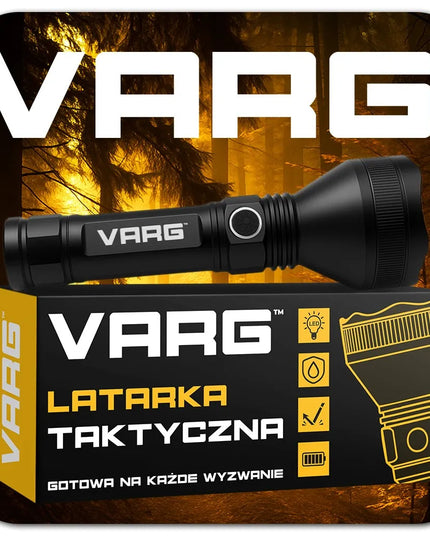 Taktinis LED žibintuvėlis VARG, galingas, įkraunamas per USB, skirtas išgyvenimui, puiki dovana