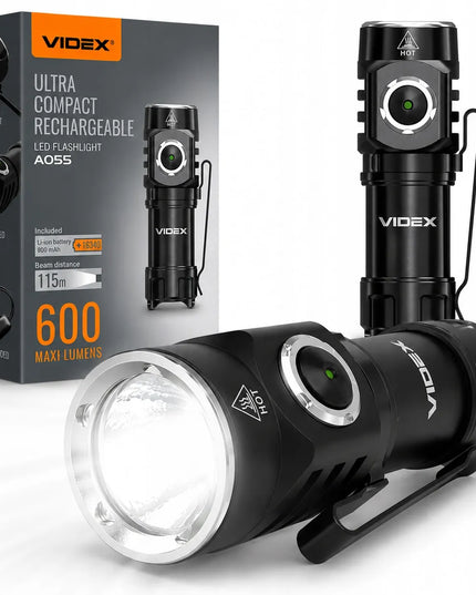 Taktinis LED žibintuvėlis Videx, 600lm, įkraunamas, atsparus vandeniui, USB-C