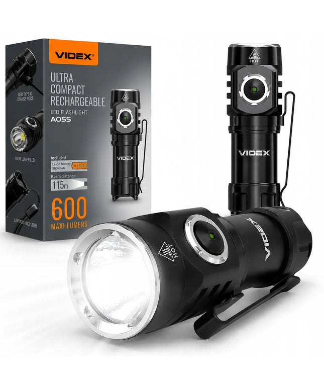 Taktinis LED žibintuvėlis Videx, 600lm, įkraunamas, atsparus vandeniui, USB-C