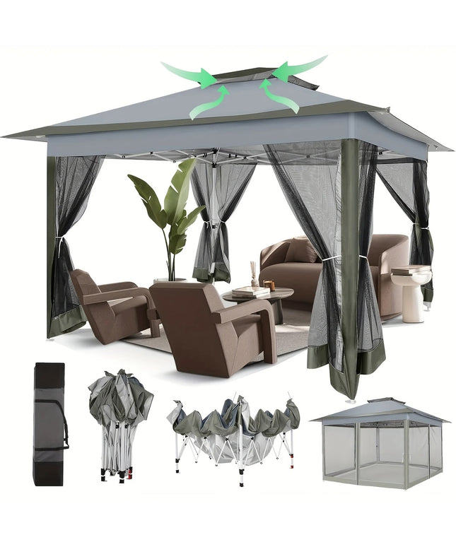 Tamsiai pilka lauko pavėsinė 3.66x3.66 m su tinkleliais, dvigubu stogu, UV apsauga – šventinė palapinė sodui, kiemui, renginiams