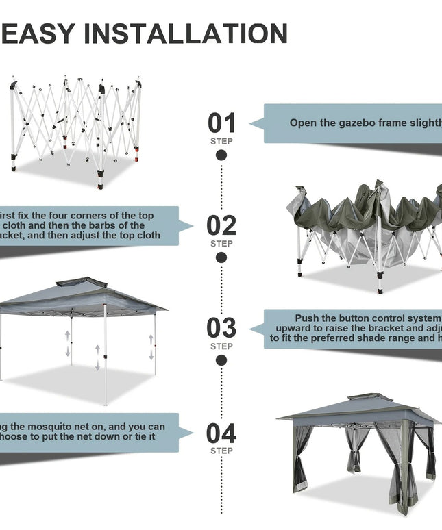 Tamsiai pilka lauko pavėsinė 3.66x3.66 m su tinkleliais, dvigubu stogu, UV apsauga – šventinė palapinė sodui, kiemui, renginiams