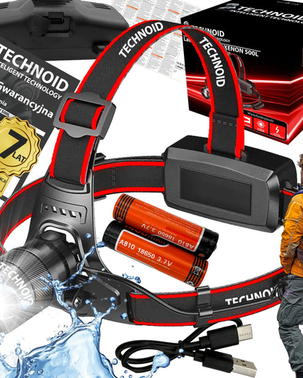 Technoid 500L PRO LED žibintuvėlis ant galvos, 5000 lm, 1000 m nuotolis, su priedais