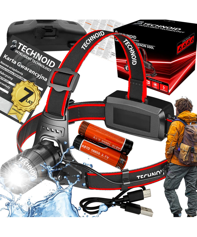 Technoid 500L PRO LED žibintuvėlis ant galvos, 5000 lm, 1000 m nuotolis, su priedais