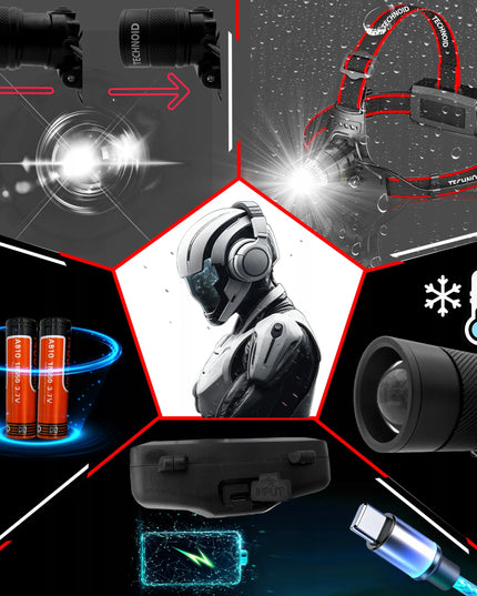 Technoid 500L PRO LED žibintuvėlis ant galvos, 5000 lm, 1000 m nuotolis, su priedais