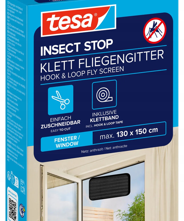 TESA tinklelis nuo uodų langams, lipni juosta, juodas, 1,3 x 1,5 m