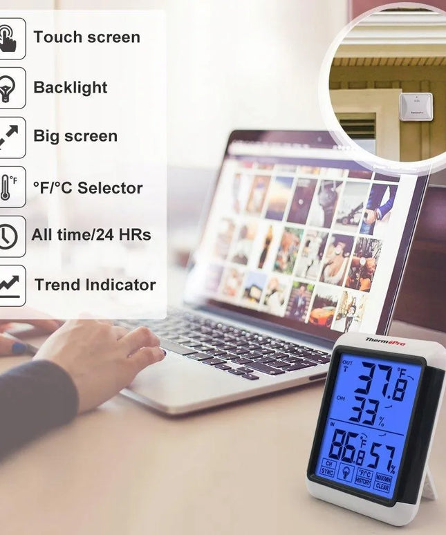 ThermoPro TP-65 temperatūros ir drėgmės monitorius su išoriniu jutikliu
