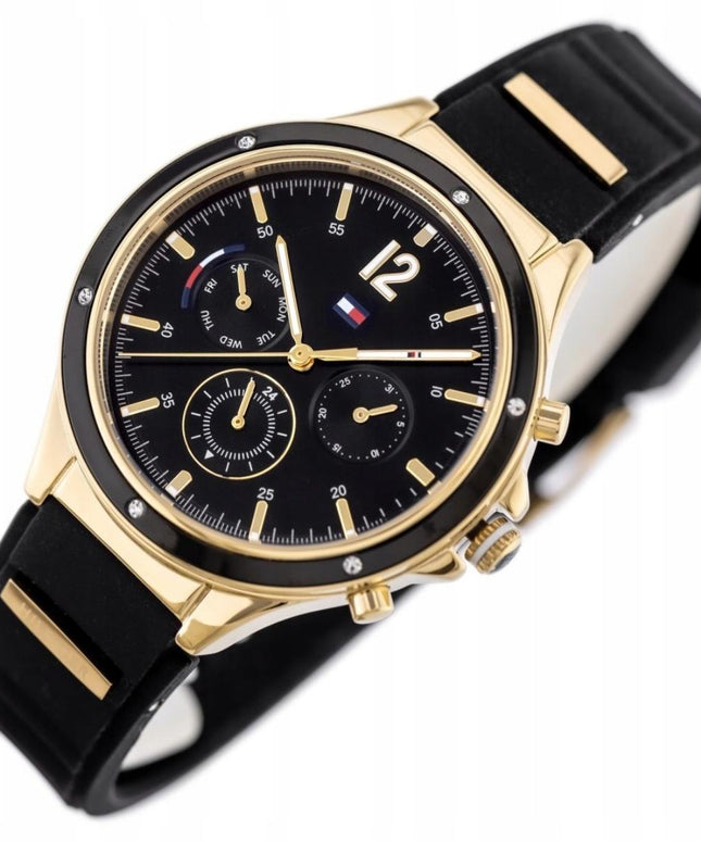 Tommy Hilfiger 1782282 Eve moteriškas laikrodis – juodas silikoninis dirželis, auksinis korpusas, su data ir 24h indikacija + dėžutė
