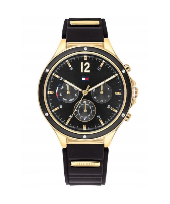 Tommy Hilfiger 1782282 Eve moteriškas laikrodis – juodas silikoninis dirželis, auksinis korpusas, su data ir 24h indikacija + dėžutė