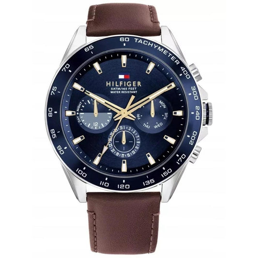 Tommy Hilfiger Owen 1791965 vyriškas laikrodis – mėlynas ciferblatas, rudas odinis dirželis, 24h indikacija + dėžutė