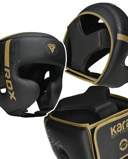 Treniruočių bokso šalmas RDX Kara F6 juodas-auksinis M dydis