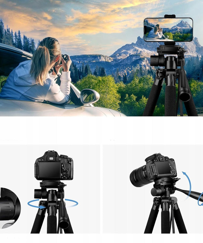 Aukštas 175 cm trikojis telefonui ir kamerai su pulteliu – Nexoo lengvas foto stovas su 360 galvute ir dėklu